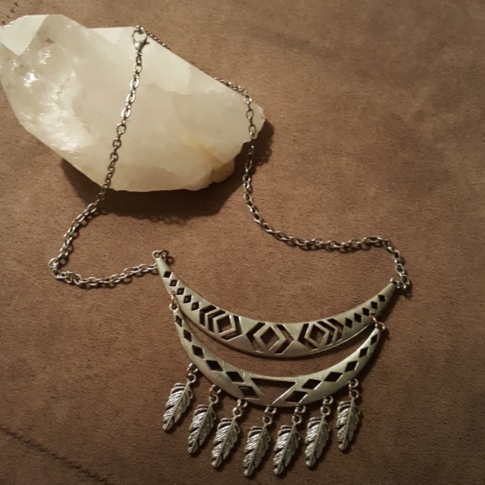 Tribal native double moon feather necklace